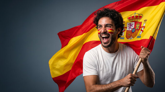 Excited young man holding Spain national flag, happy Spanish sports supporter guy shouting and celebrating team victory in soccer football match studio