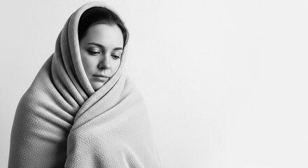 Fototapeta premium A young woman wrapped in a blanket, looking down with an expression of sadness in monochrome