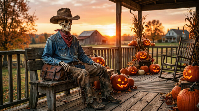 Cowboy skeleton sitting on porch bench during autumn sunset with pumpkins and corn stalks.