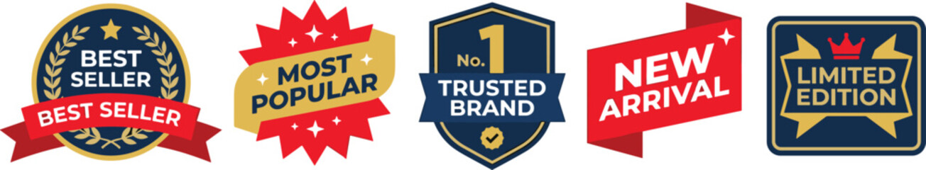 Premium vector badge set, including best seller, most popular, trusted brand, new arrival, and limited edition labels for retail promotions © Farhana