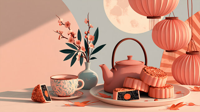 Mid-Autumn Festival mooncakes and paper lanterns with copy space
