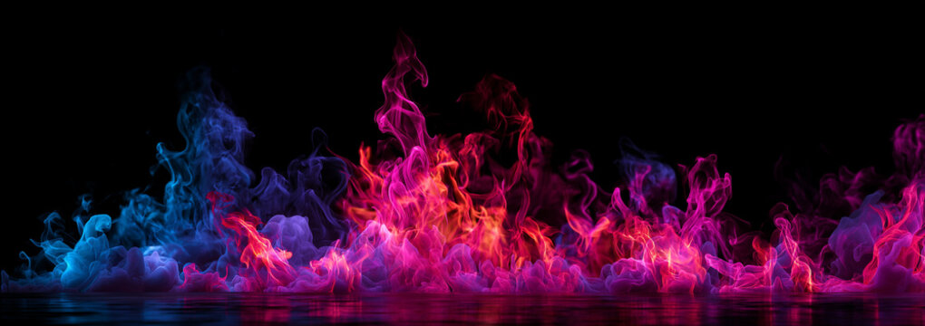 fiery red and blue flames on a black background, creating a burning color smoke effect with neon light. the color palette includes dark red, purple, orange, pink, violet, yellow, and green, presented 