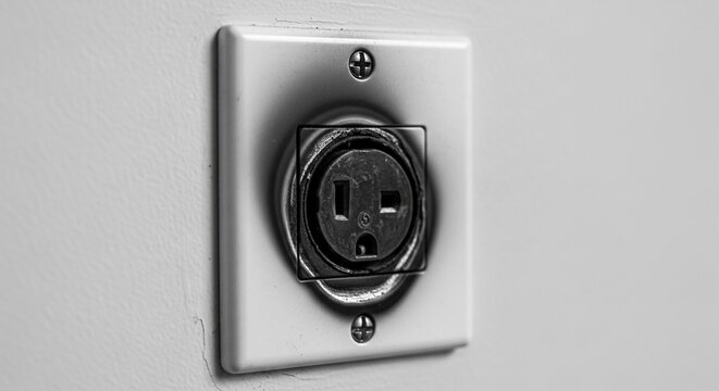 Close up of a severely burned electrical outlet on a wall, indicating a fire hazard