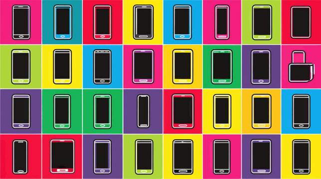 Colorful Smartphones Arranged in a Vibrant Grid Pattern