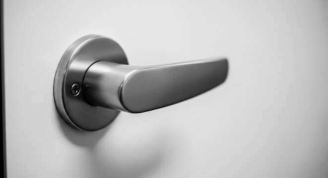 Close-up of a modern silver brushed metal emergency exit door lever handle on a white wall