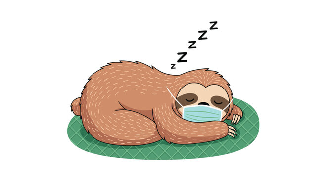 Adorable sloth wearing a light blue protective face mask sleeps peacefully on a green mat during a quiet afternoon rest.