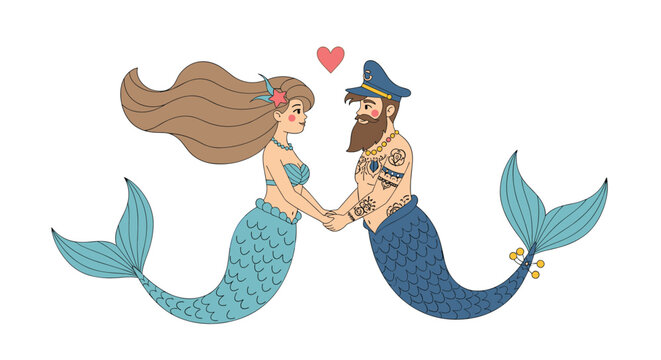 Romantic illustration of a beautiful mermaid and a tattooed merman sailor holding hands with a red heart floating between them.