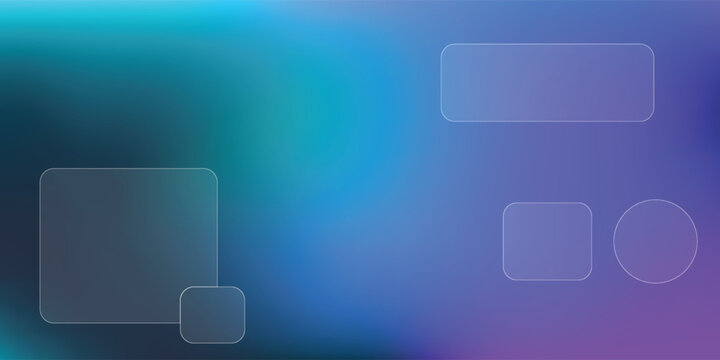 Abstract technology background with glassmorphism geometric shapes rounded rectangles and a circle&mdash;on a vibrant cyan, blue, and purple mesh gradient. Modern transparent frosted glass