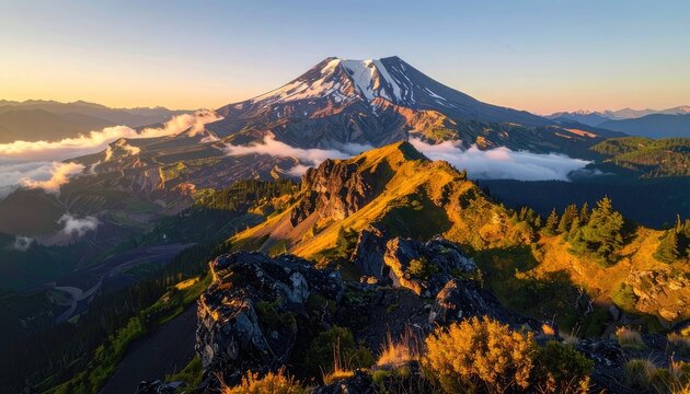 Majestic mountain range bathed in the warm glow of sunrise.