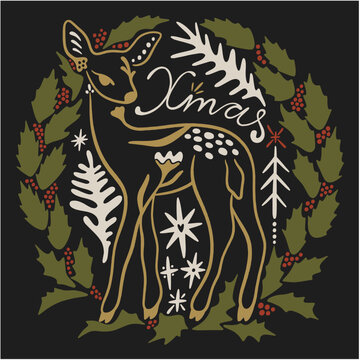 Minimalist nordic Christmas deer vector with holly wreath, modern scandinavian folk art fawn, abstract winter botanical elements, elegant noel typography holiday logo