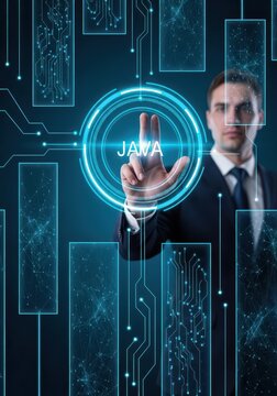 Businessman interacting with Java programming language digital interface for software development and technology solutions.