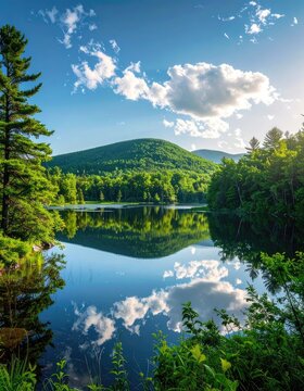 Tranquil mountain lake reflecting lush green trees and a cloudy blue sky.