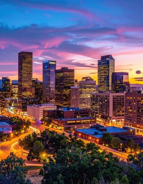 A vibrant sunset illuminates the Denver skyline, with streaks of car lights on the roads below.