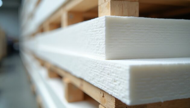 Stacked white foam sheets rest on wooden pallets inside industrial warehouse. Rigid polystyrene panels fill storage area for construction work. Synthetic material layers show porous texture