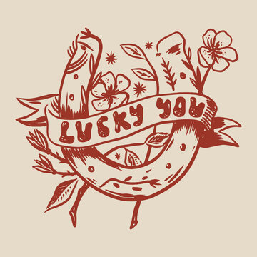 Minimalist vector logo featuring lucky horseshoe decorated with vibrant wildflowers and greenery in a charming cowboy western and folk style. A beautiful folk cowgirl completes the cheerful boho
