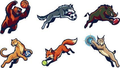 Sport Animal Mascot Collection Featuring Bear Wolf Boar Cougar Fox and Lynx Playing Basketball Soccer Football Tennis and Disc Vector Set © Shekhor studioBD