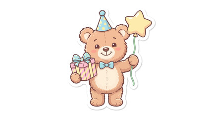 Obraz premium A cute cartoon brown bear wearing a blue party hat and bow tie, holding a wrapped gift and a star-shaped balloon on a string, smiling happily on a white background in a whimsical watercolor 