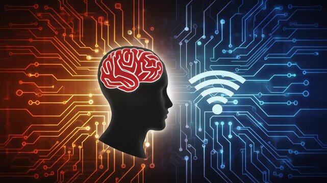 A silhouette head with glowing brain network, flanked by orange and blue circuitry, symbolizing human intelligence merging with digital systems and artificial intelligence.