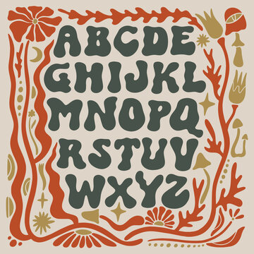 Funky hand-drawn groovy hippie alphabet vector with botanical elements, vintage 70s goblincore forest mushroom ABC kit, whimsical fairytale lettering set for typography design