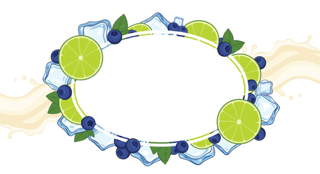 Refreshing fruit border design featuring green lime slices, blue berries, ice cubes, and mint leaves with liquid splashes.
