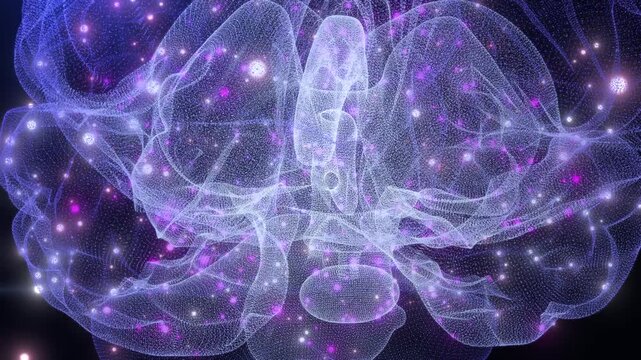 Abstract 3D visualization of a glowing human brain made of luminous neural connections, particles, and digital wireframe structures on a dark background. 