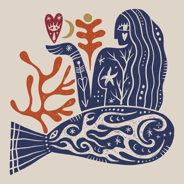 Divine goddess mermaid vector clipart illustration, boho sacred magic woman silhouette, mystical ocean siren fine line art, celestial sea deity emblem for wellness branding