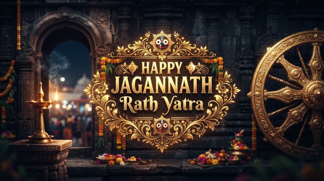 Happy jagannath rath yatra banner with temple arch and diya