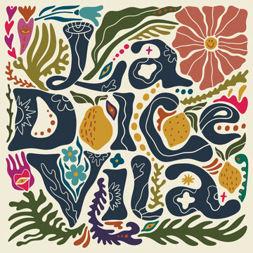 La dolce vita typography vector with mediterranean lemons, hand-drawn italian quote lettering, minimalist botanical elements and citrus fruit illustration for summer holiday decor