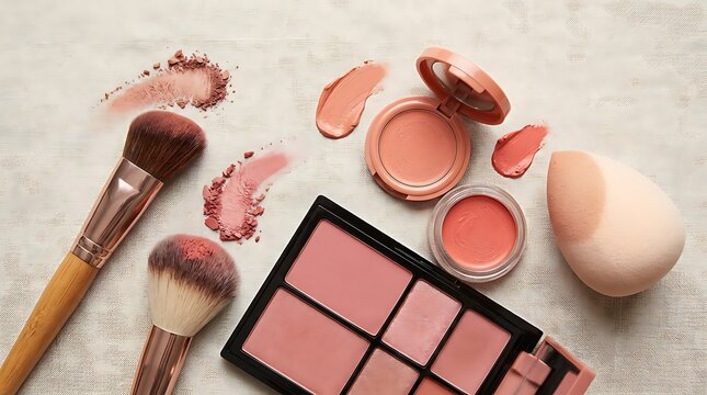 Cosmetic makeup brushes and colorful powder palettes with blush on a textured surface. blush application techniques