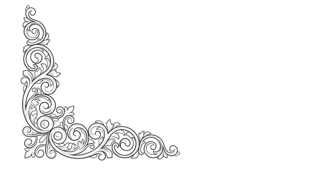 Ornate vintage engraving of a decorative scroll and leaf pattern for corners and frame embellishments in black and white.