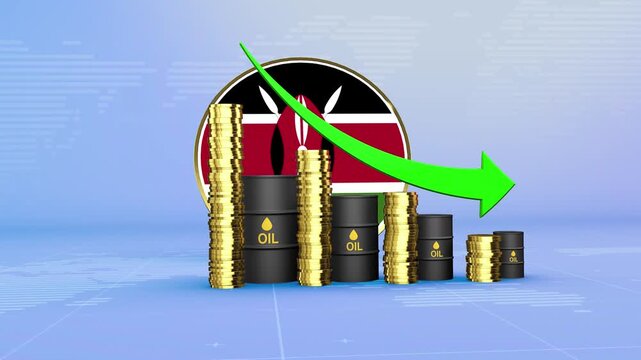 Kenya Oil Prices Decline with Oil Barrels, Gold Coins and Downward Green Arrow, 3D Economic and Financial Market Concept
