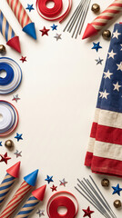 Obraz premium Us patriotic border firework rocket ribbon star stripe flag celebration concept. american 250 years independence celebration. freedom symbol, banner frame design, background copy space