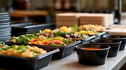 Obraz premium Rows of black takeout containers filled with colorful salads and sauces on a clean counter surface