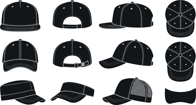 Black Baseball Cap and Snapback Hat Vector Template Set with Front, Back, Side, and Top Views for Fashion Branding Mockups