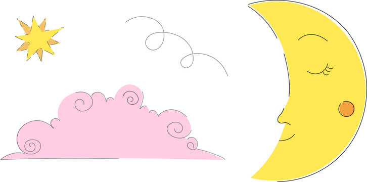 Hand drawn illustration of moon, cloud and star in cartoon style