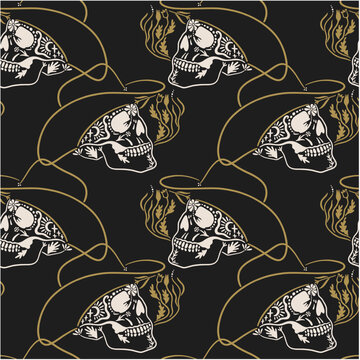 Minimalist One Line Skull in Cowboy Hat with Flowers Folk Vector Seamless Pattern