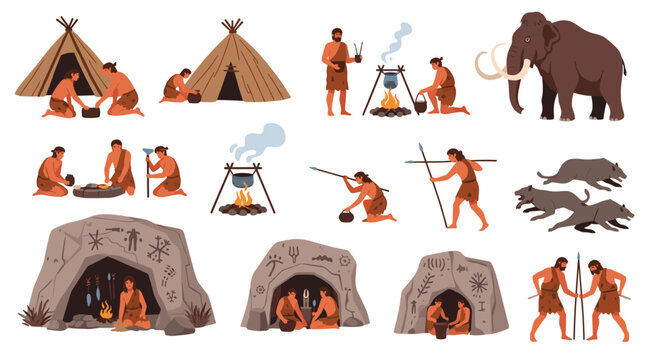 Educational scenes of prehistoric life including cave dwellers, mammoth hunting, fire making, and gathering around primitive shelters.