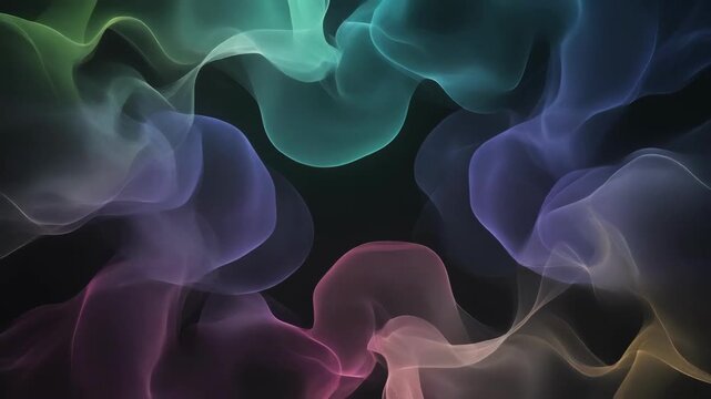 Abstract dark background with soft, translucent colored smoke-like shapes