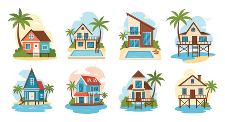 Fototapeta premium Beautiful collection of tropical and coastal house designs including beach huts on stilts, modern villas with pools, and cozy cottages.