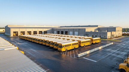 Fleet of yellow school buses parked at maintenance depot facility with bus depot © FuturStockSolution 