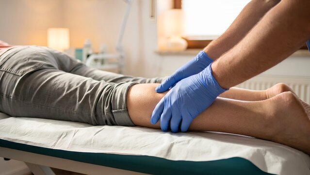 Doctor Examining Patient Calf Muscle for Deep Vein Thrombosis