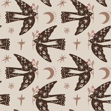 Scandinavian folk art seamless pattern with birds, nordic style floral vector background, ethnic woodland ornament, minimalist botanical textile design