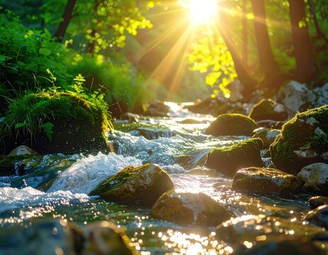 A sunlit forest stream flows over moss-covered rocks.