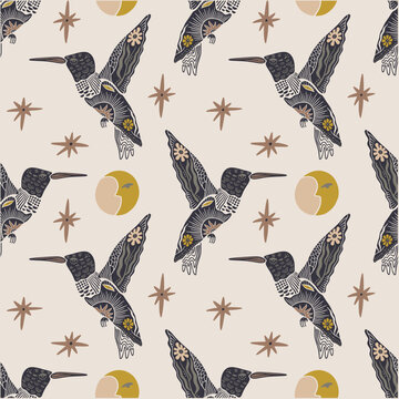 Minimalist mystical hummingbird vector with botanical elements, ornate crescent moon and wild flowers illustration, celestial bird line art, spiritual folk graphic design seamless pattern