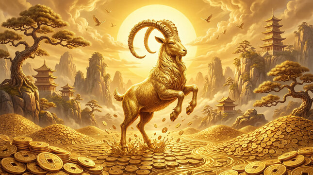 Stunning 2027 Chinese New Year oriental prosperity concept showcasing golden sheep leading a charge towards abundance and financial success in the new year