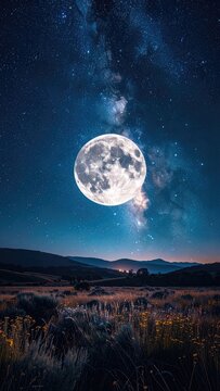 A magnificent full moon illuminates a starry night sky over a serene, rolling landscape.