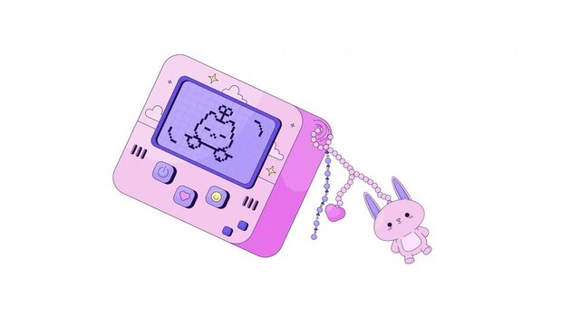 Retro Y2K virtual pet device with cute bunny charm 2D cartoon object animation. Nostalgic gaming with pixel cat. Kawaii technology toy animated flat colorful item 4K video isolated on transparent