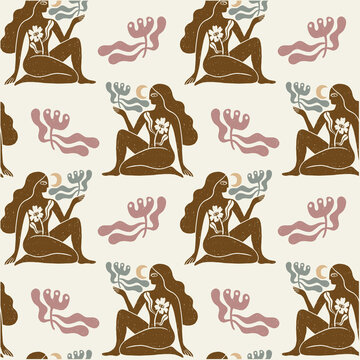 Divine goddess vector clipart illustration, minimalist sacred magic woman silhouette, celestial boho branding elements seamless pattern, mystical female endless ornament