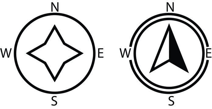 Set of two compass rose navigation symbols for map orientation with navigation direction geography orientation isolated location explorer adventure cartography pointing