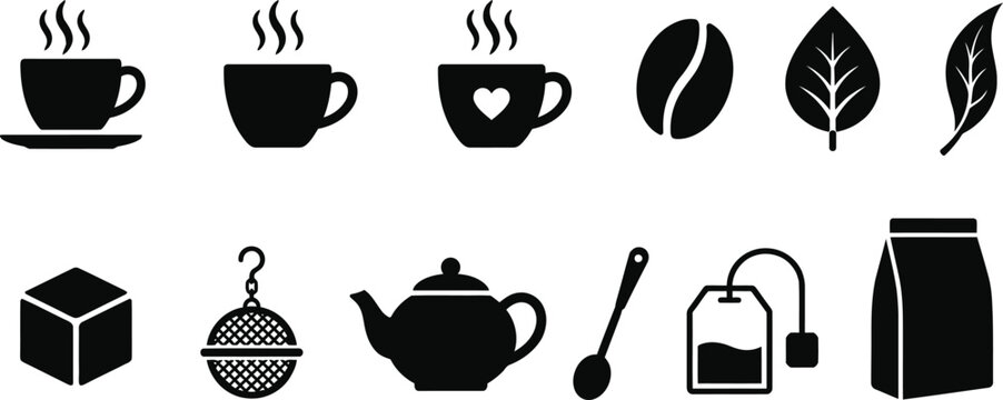 Coffee and tea icon collection featuring mugs cups leaves and tea bags beverage caffeine breakfast isolated background restaurant culinary refreshment